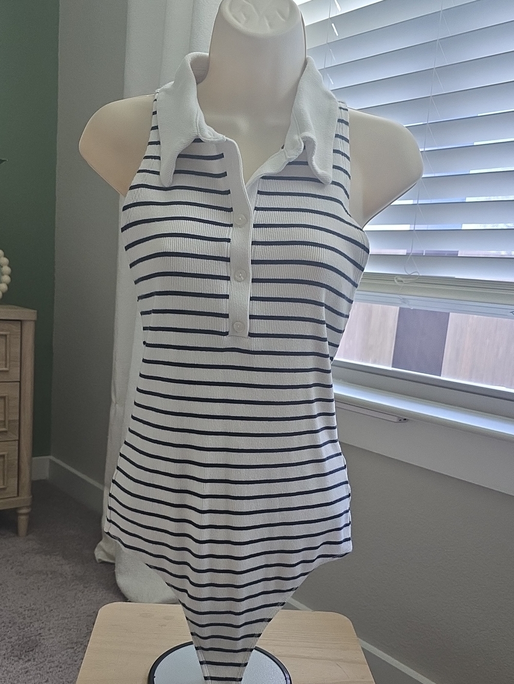 Abercrombie & Fitch White and Navy Striped Sleeveless Polo Bodysuit